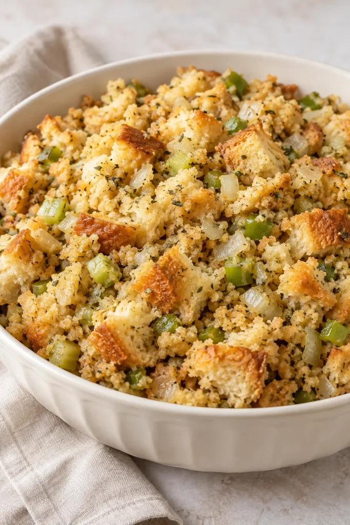 My Mom’s Perfect Thanksgiving Stuffing in an ivory serving bowl