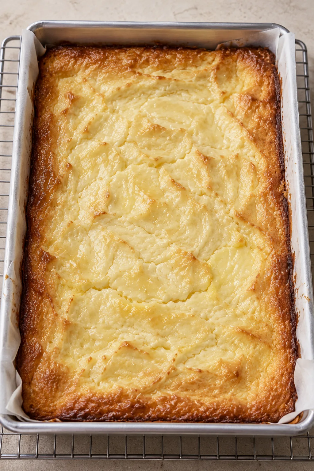 Baked butter cake with a crinkled golden top cooling on a rack