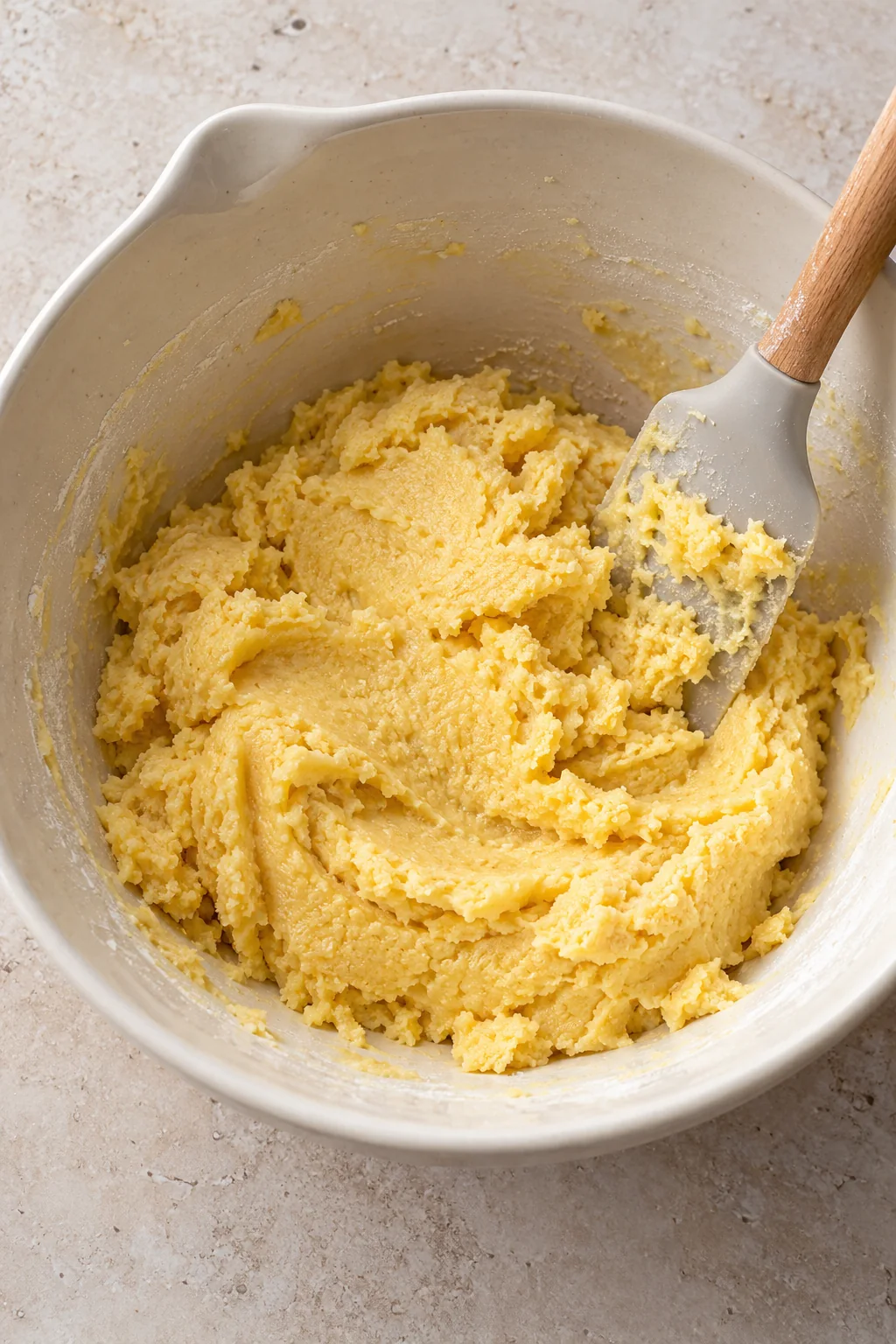 Thick yellow cake-mix crust dough in a mixing bowl