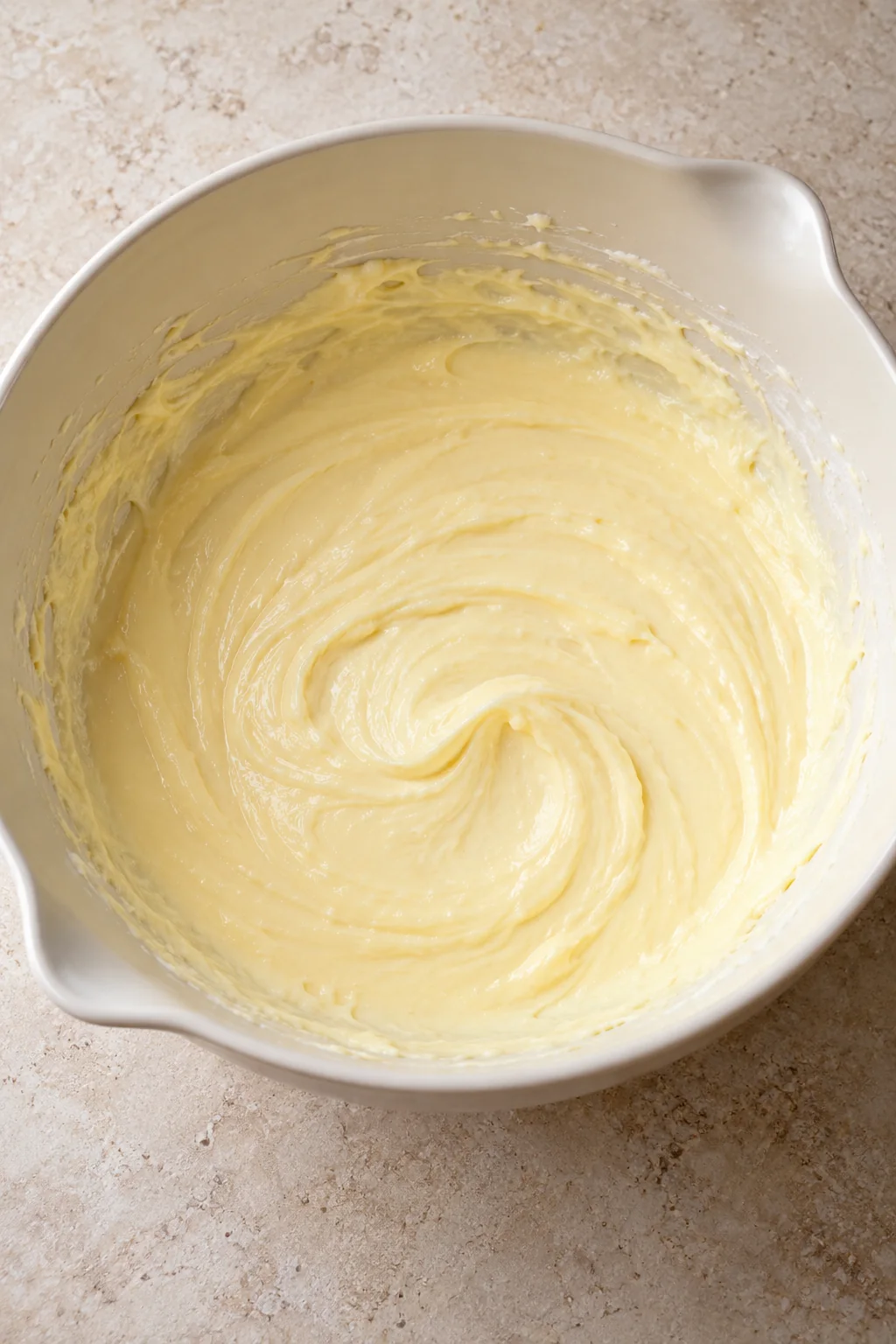 Cream cheese mixed with eggs and vanilla before adding sugar