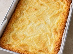 Whole baked ooey gooey butter cake with golden edges in a parchment-lined pan