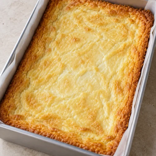 Whole baked ooey gooey butter cake with golden edges in a parchment-lined pan