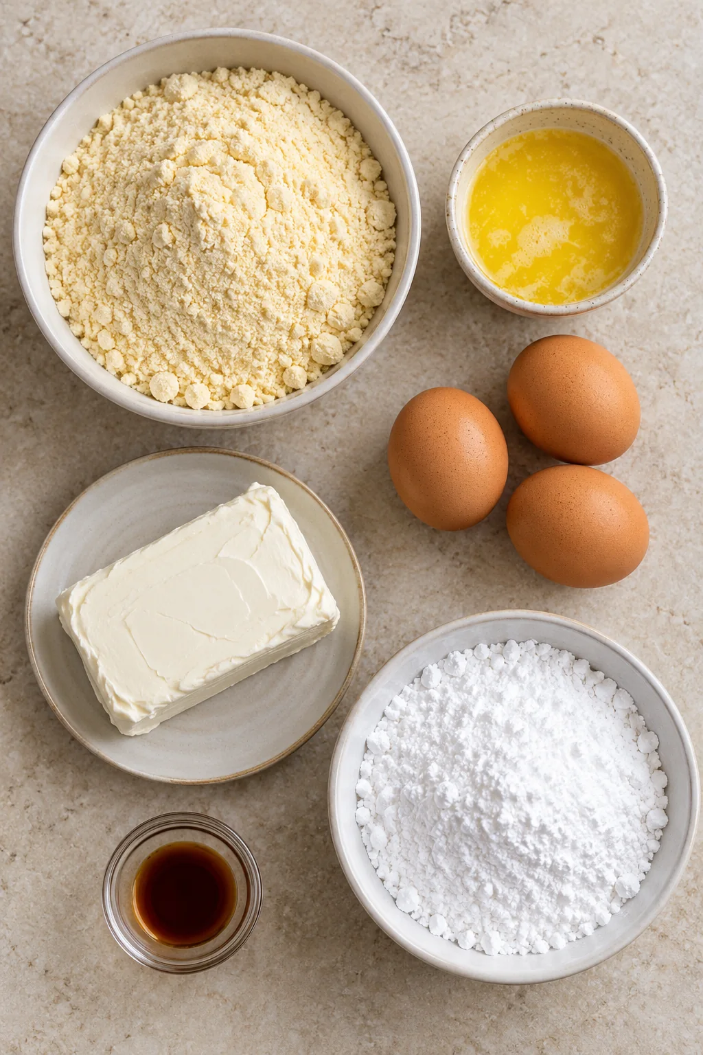 Yellow cake mix, melted butter, three eggs, cream cheese, powdered sugar, and vanilla