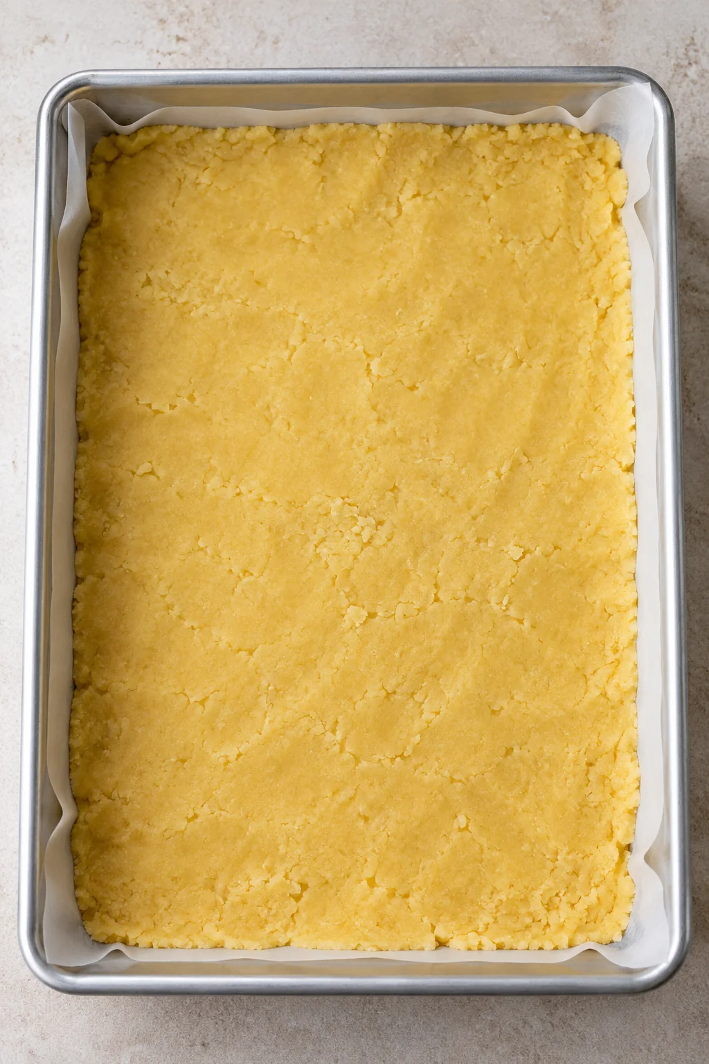 Yellow cake-mix dough pressed across the bottom of a lined baking pan