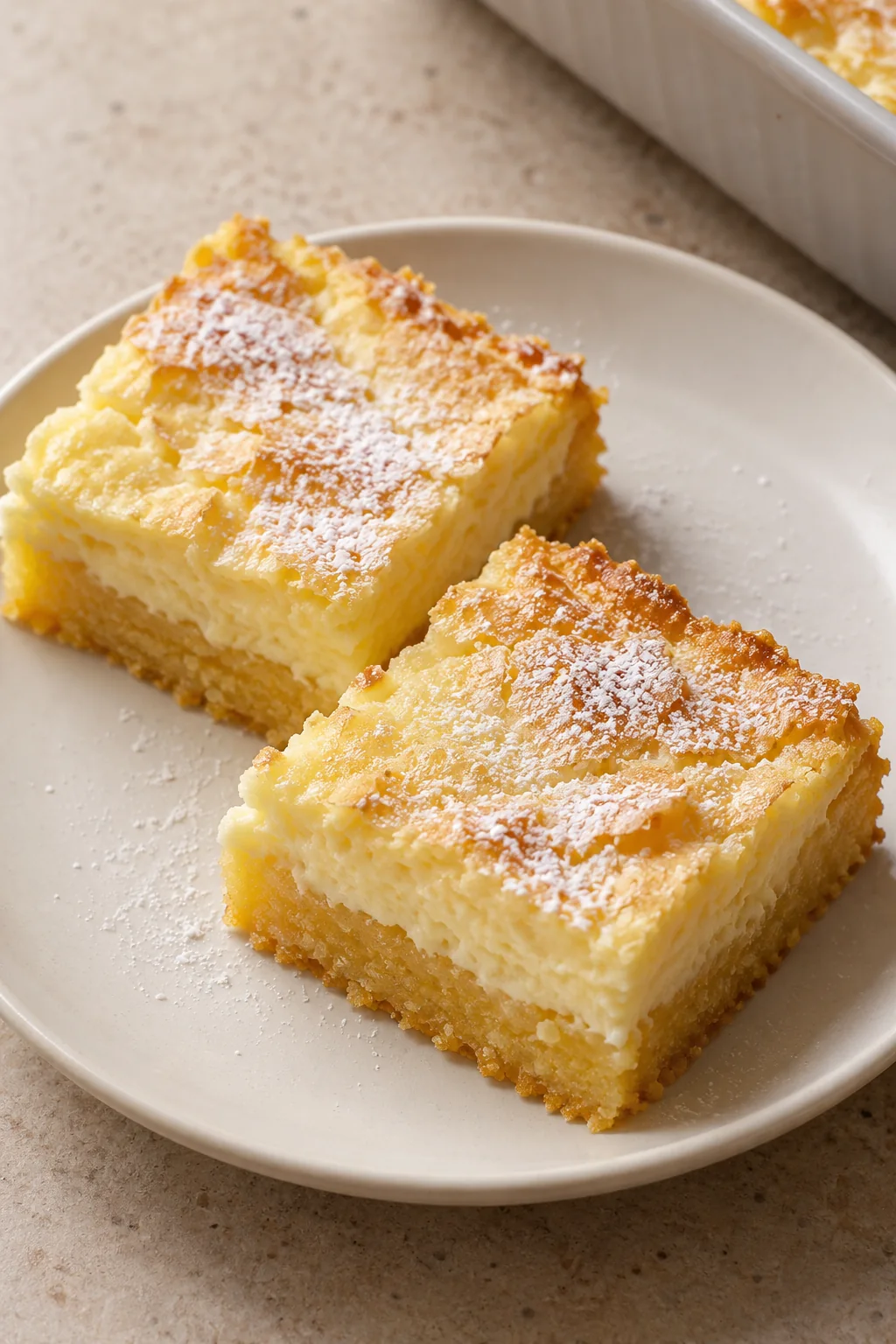 Butter cake squares showing a golden base and soft cream cheese topping