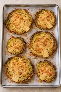 Parmesan cabbage steaks after the final roast, with golden cheese and browned outer leaves