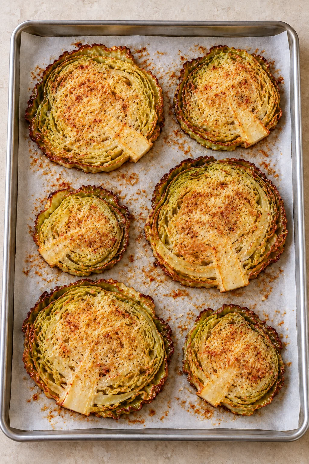 Parmesan cabbage steaks after the final roast, with golden cheese and browned outer leaves