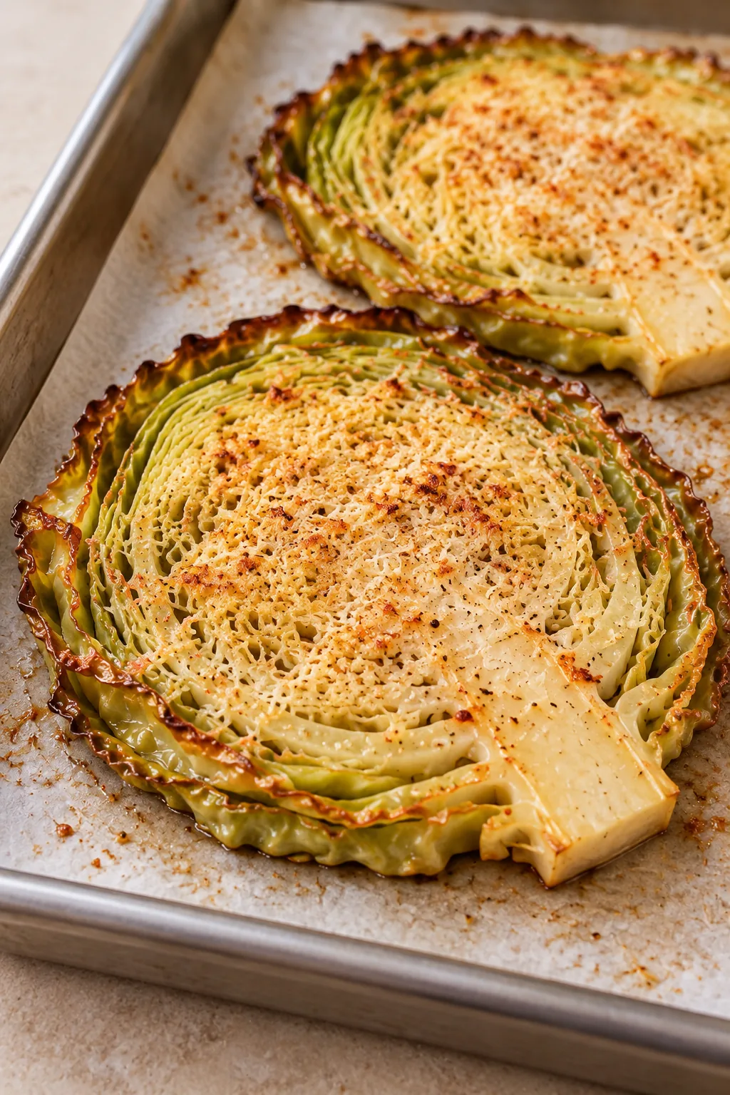 Close-up of a roasted cabbage steak showing a thin golden Parmesan crust and browned leaf edges