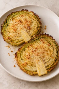 Two roasted Parmesan cabbage steaks on a plain cream plate, with tender centers and crisp browned edges
