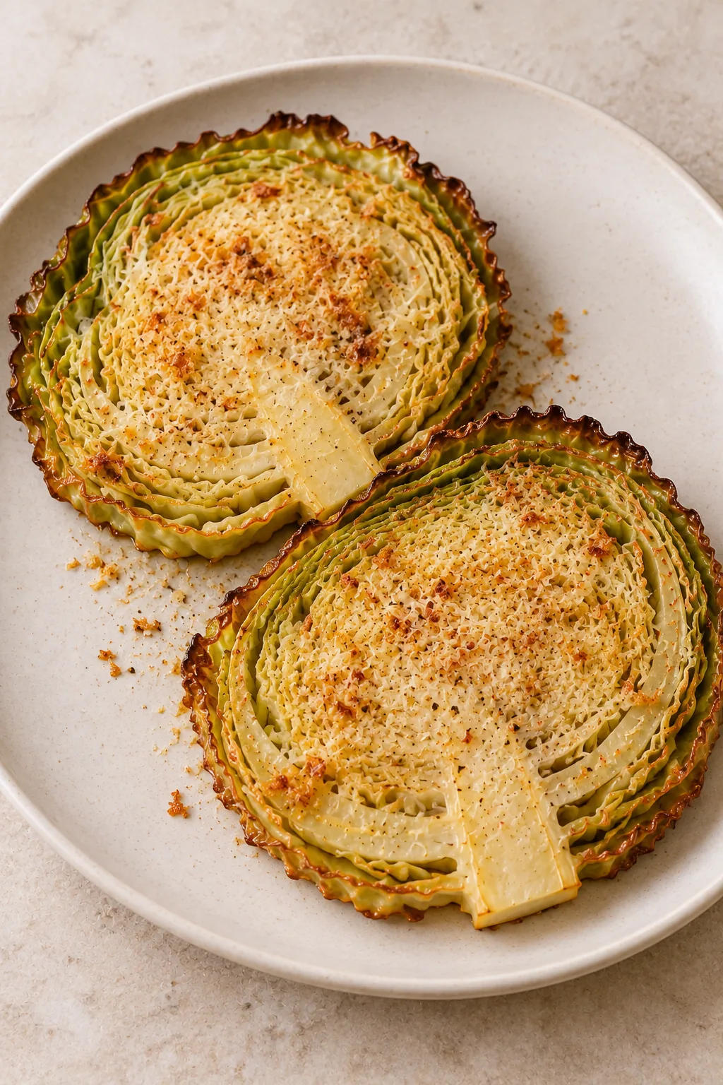 Two roasted Parmesan cabbage steaks on a plain cream plate, with tender centers and crisp browned edges