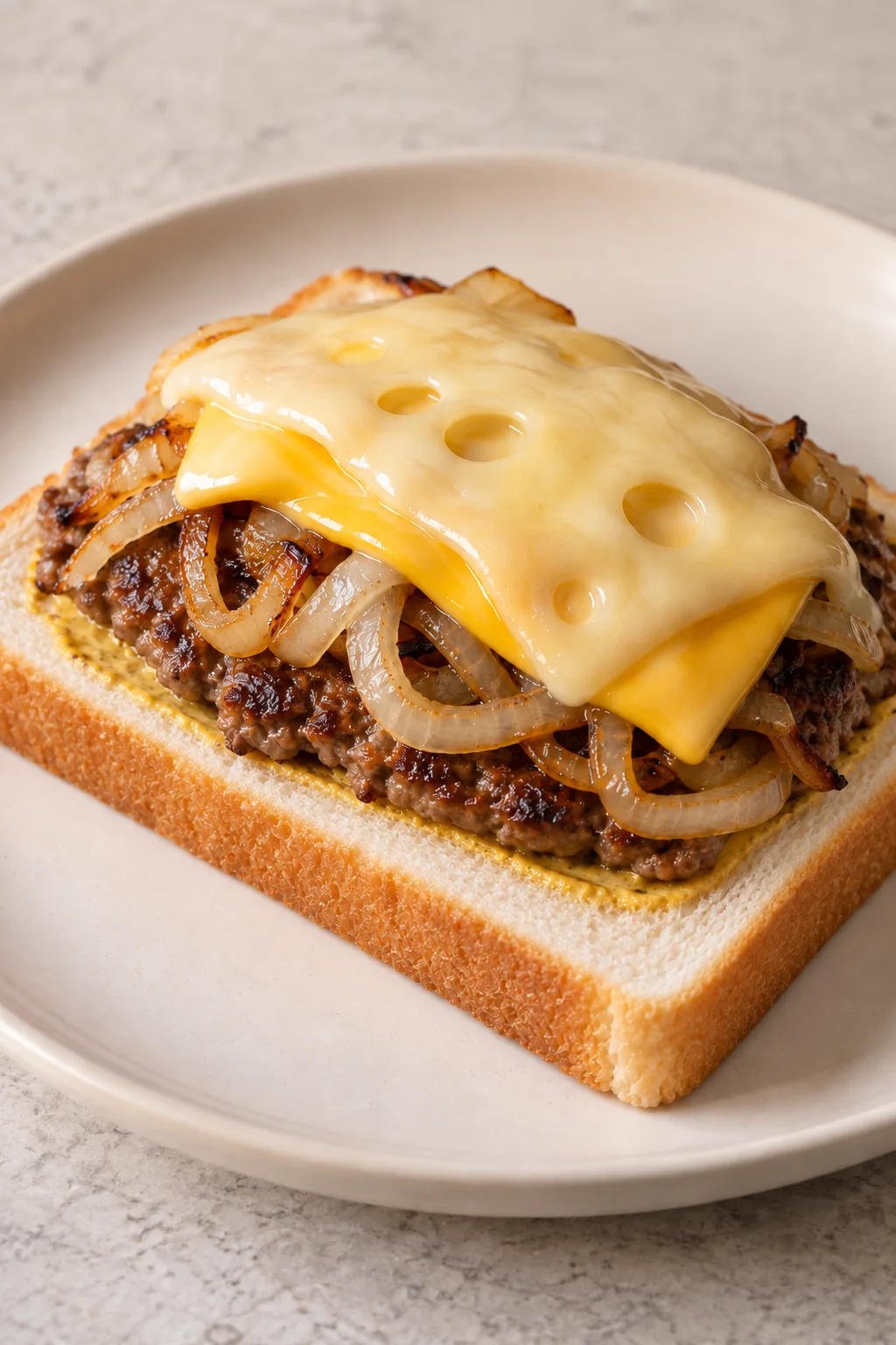 Open patty melt topped with beef, golden onions, American cheese, and Swiss cheese