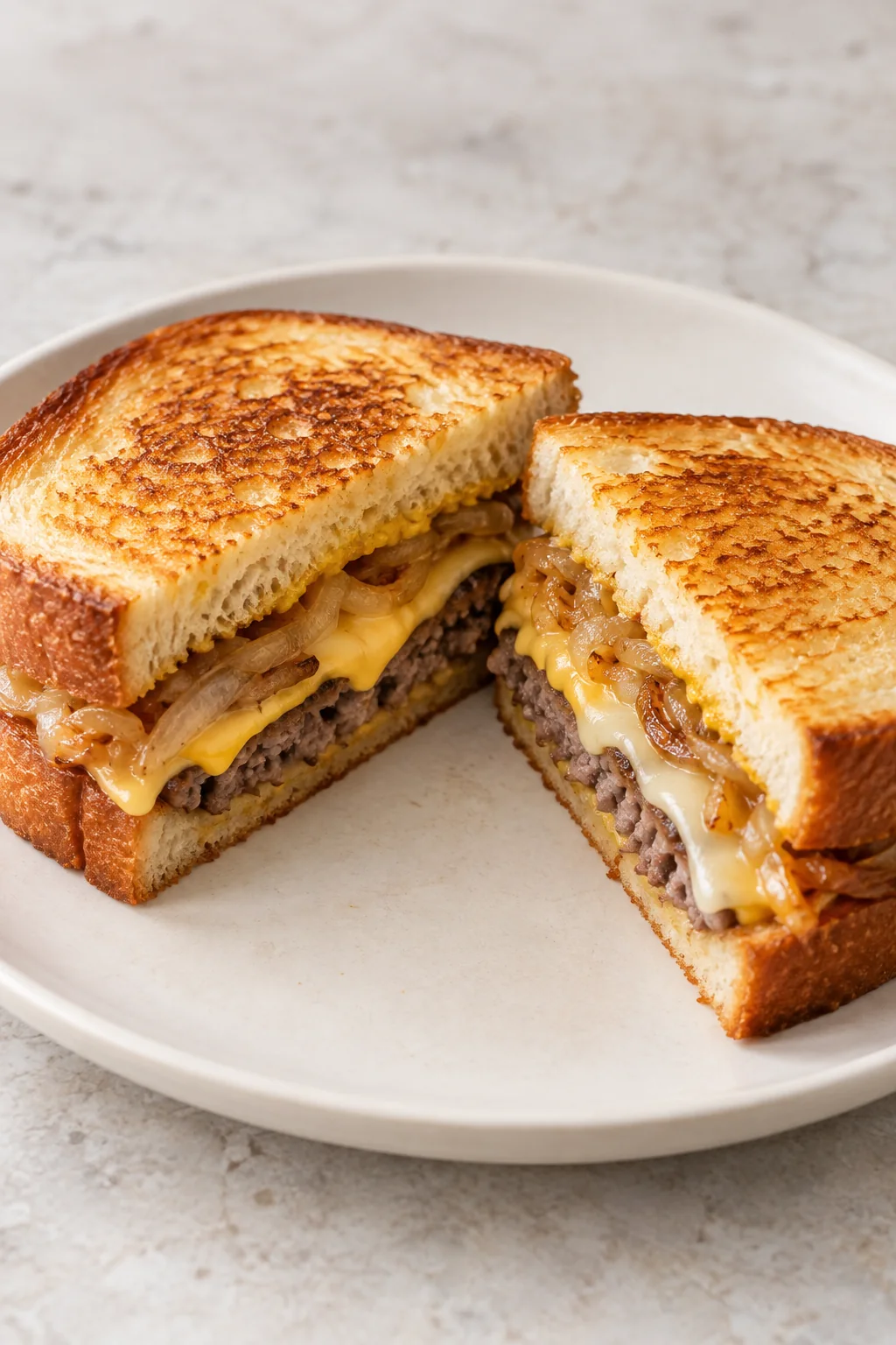 Patty melt cut in half to show the beef, onions, and melted cheese