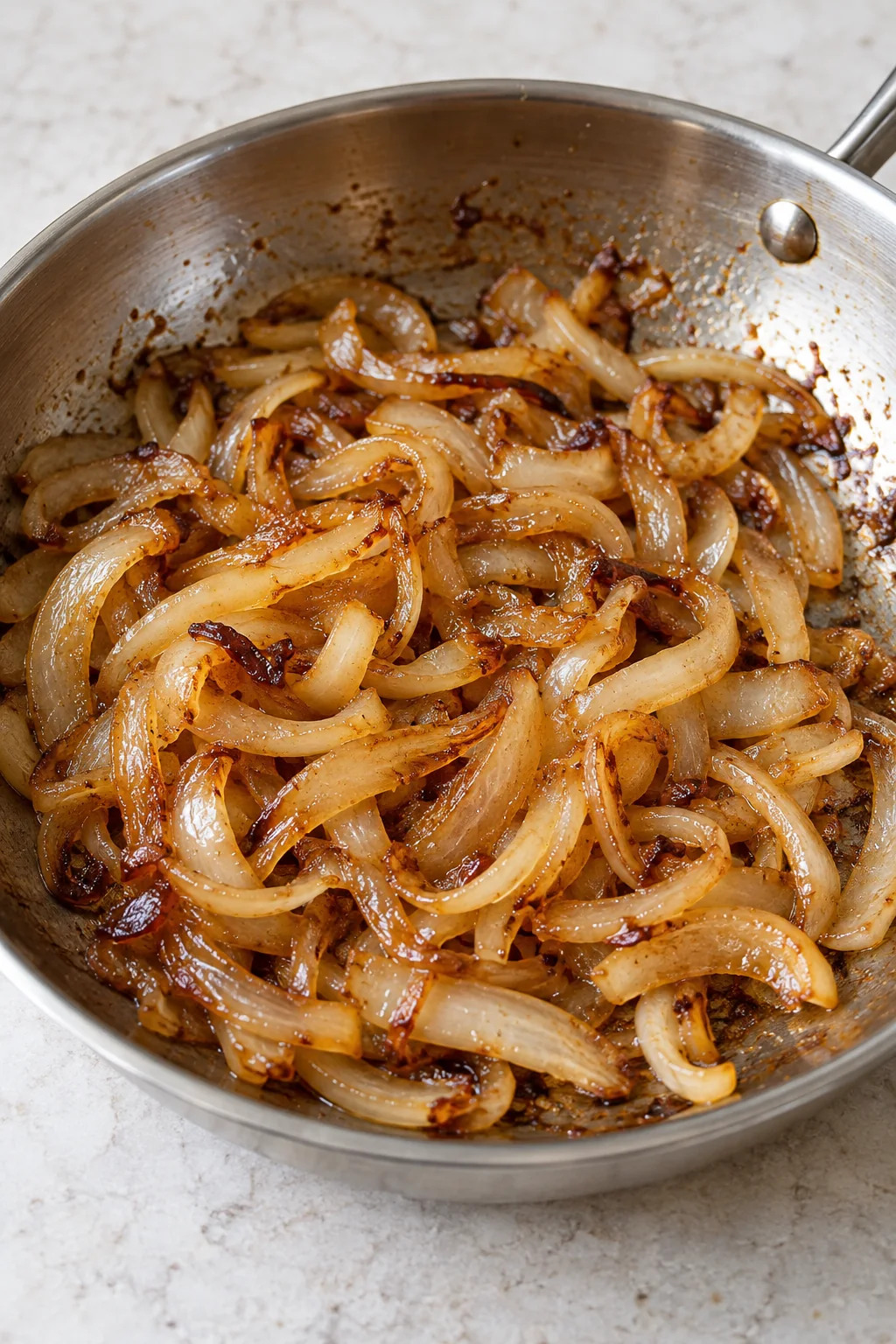Soft golden-brown onion slices in a skillet