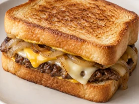 Whole patty melt with golden toast, beef, onions, and melted cheese on a cream plate