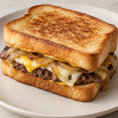 Whole patty melt with golden toast, beef, onions, and melted cheese on a cream plate