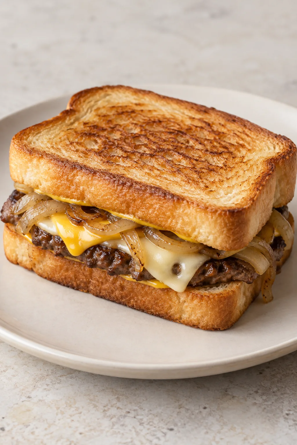 Whole patty melt with golden toast, beef, onions, and melted cheese on a cream plate