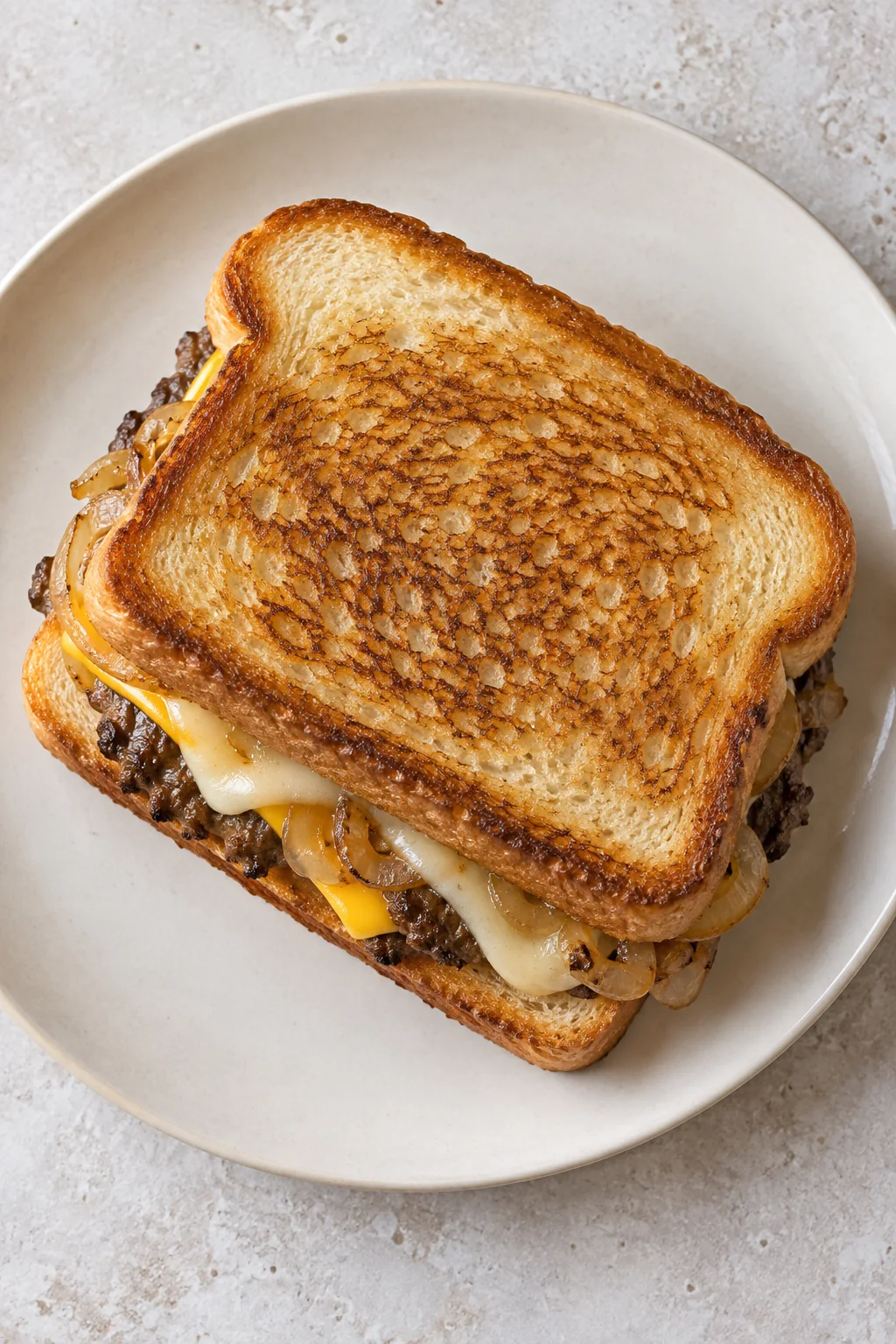 Overhead view of a whole toasted patty melt on a cream plate