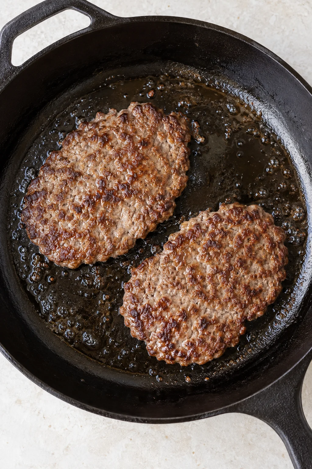 Two thin oval beef patties browning in a cast iron skillet