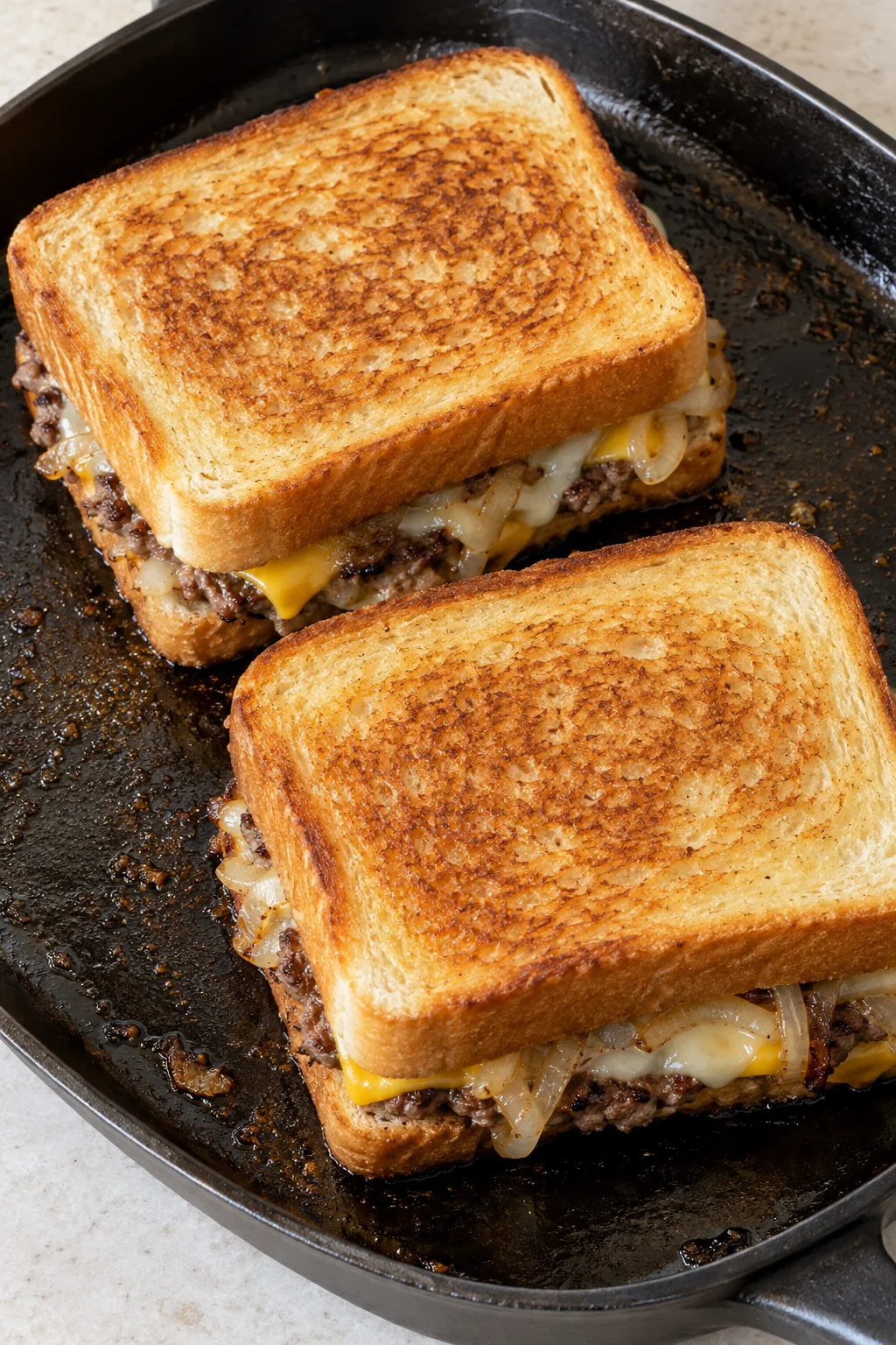 Two patty melt sandwiches with golden toasted bread in a skillet