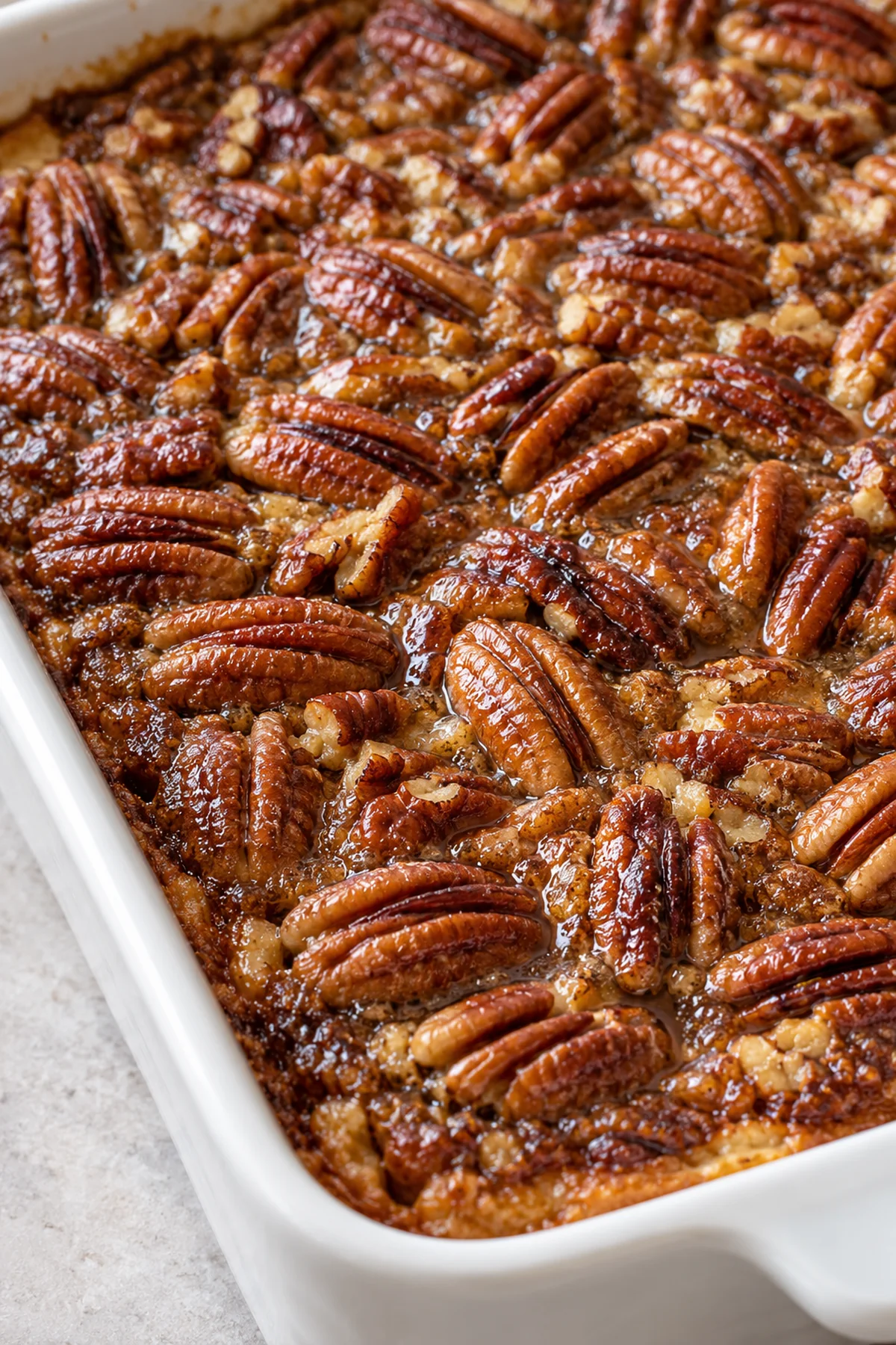 Close view of toasted pecans and glossy filling on pecan pie cobbler