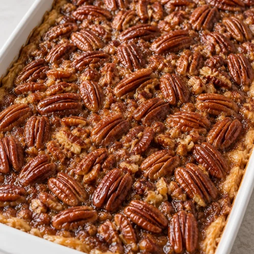 Whole pecan pie cobbler topped with toasted pecan halves in a white baking dish
