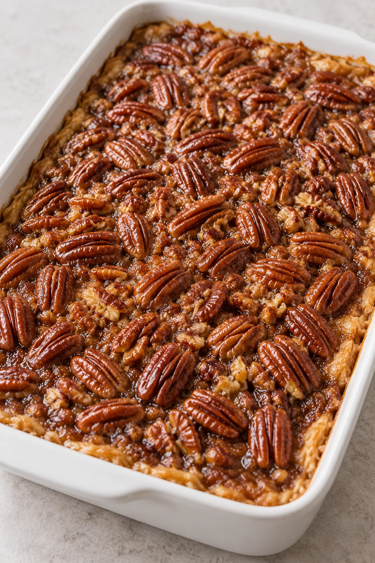 Whole pecan pie cobbler topped with toasted pecan halves in a white baking dish