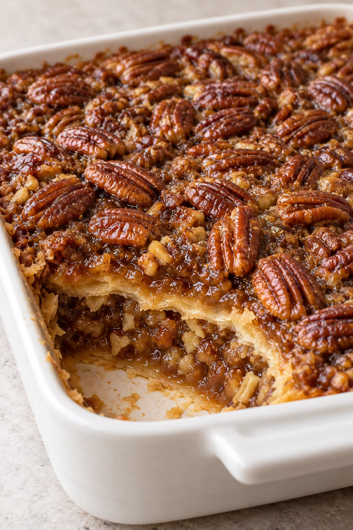 Pecan pie cobbler with a serving removed to show the soft filling and pastry layers