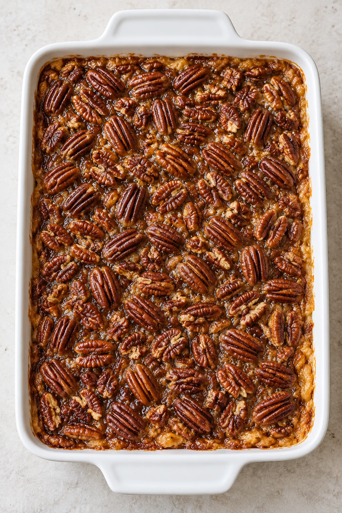 Overhead view of pecan pie cobbler with a golden pecan topping