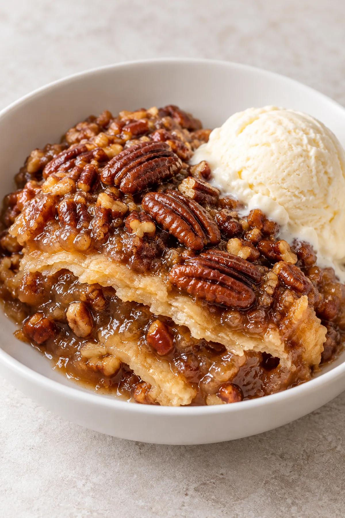 Warm pecan pie cobbler served in a bowl with vanilla ice cream