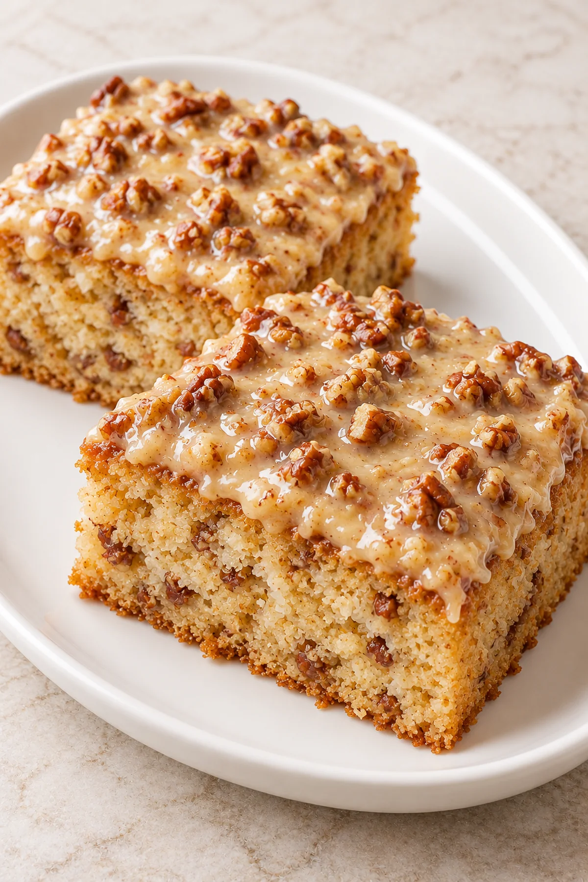 Two slices of Southern pecan praline cake served with the creamy butter pecan glaze
