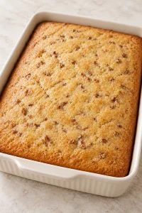 Golden baked butter pecan sheet cake cooling in a white dish before the glaze is added