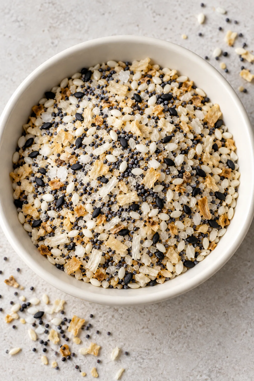 Sesame seeds, poppy seeds, dried onion flakes, garlic salt, and optional black sesame seeds mixed for the topping
