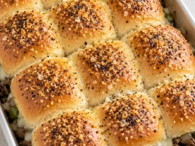 A whole tray of twelve Philly cheesesteak sliders with an everything-seasoned butter topping