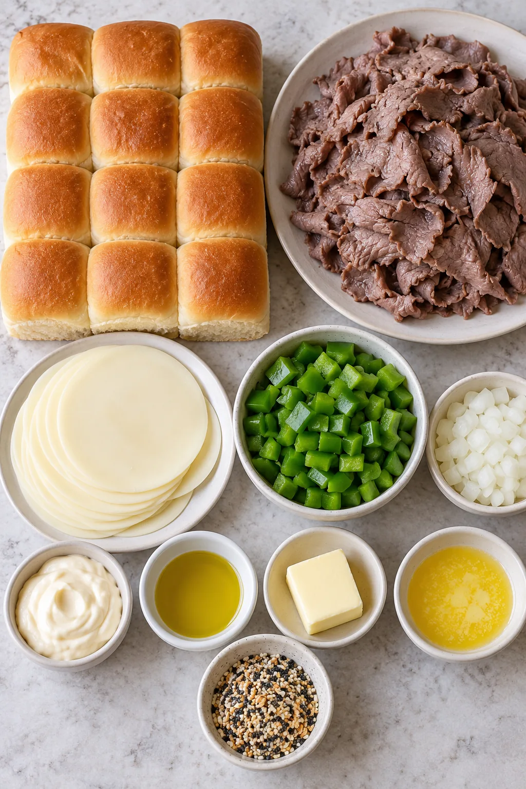 Dinner rolls, shaved roast beef, provolone, bell pepper, onion, mayonnaise, oil, divided butter, and everything seasoning