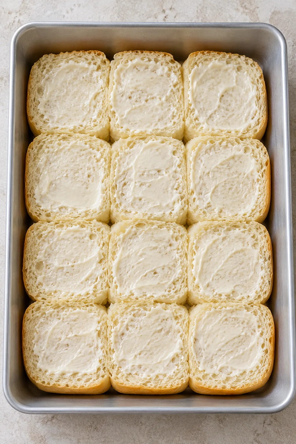A thin layer of mayonnaise spread over the connected bottom halves of dinner rolls