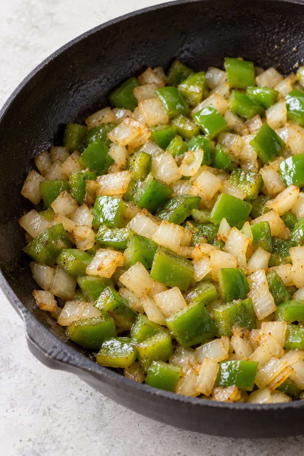 Chopped bell pepper and onion cooked in butter until tender and lightly golden