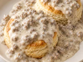 Creamy sausage gravy spooned over two whole golden biscuits on a cream plate