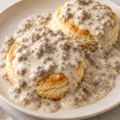 Creamy sausage gravy spooned over two whole golden biscuits on a cream plate
