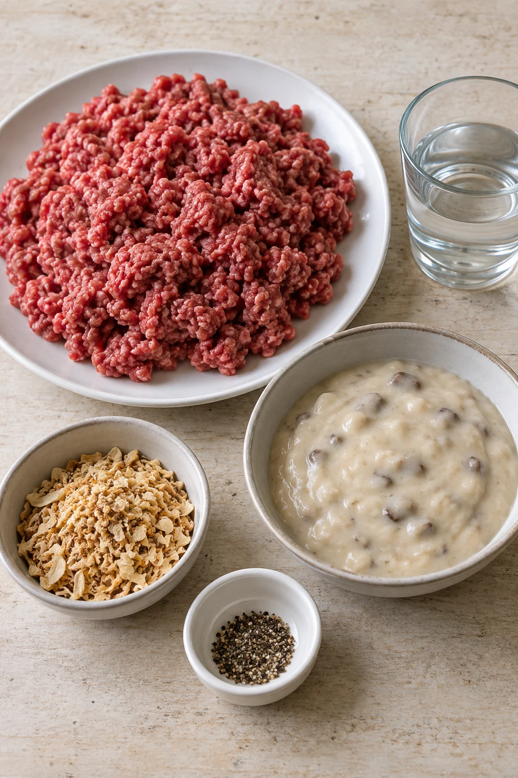 Ground beef, black pepper, condensed mushroom soup, dry onion soup mix, and water on a kitchen counter