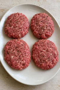 Four raw oval ground beef patties shaped for the slow cooker