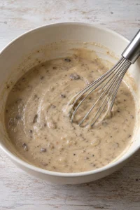 Condensed mushroom soup, onion soup mix, and water whisked together in a bowl