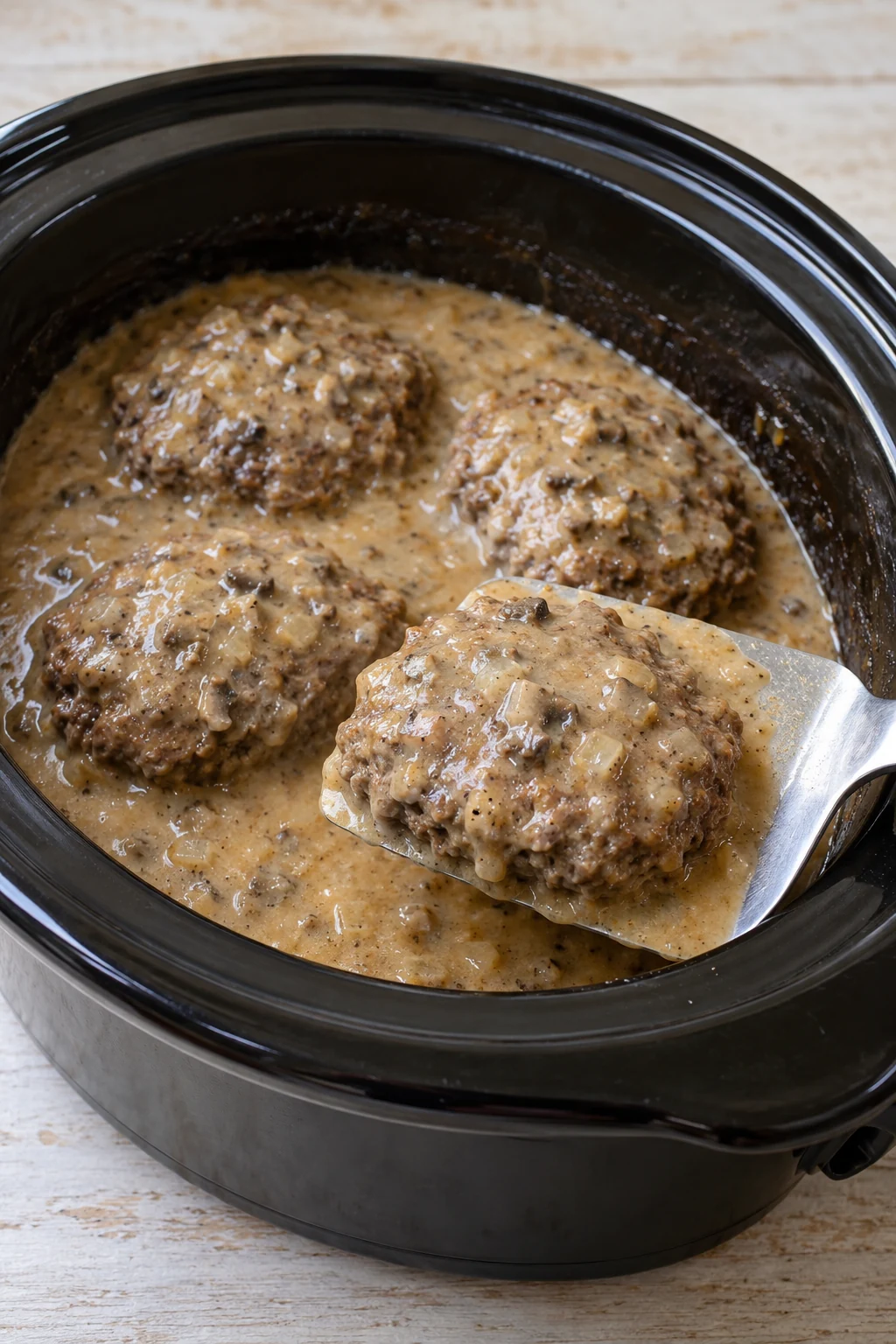 A cooked hamburger patty supported on a spatula at the edge of the slow cooker