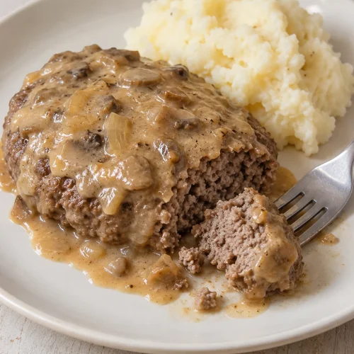 A fork-cut hamburger steak showing its cooked ground beef texture under mushroom gravy