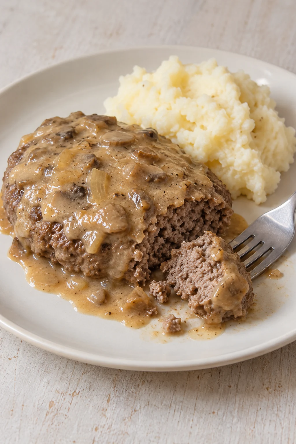 A fork-cut hamburger steak showing its cooked ground beef texture under mushroom gravy