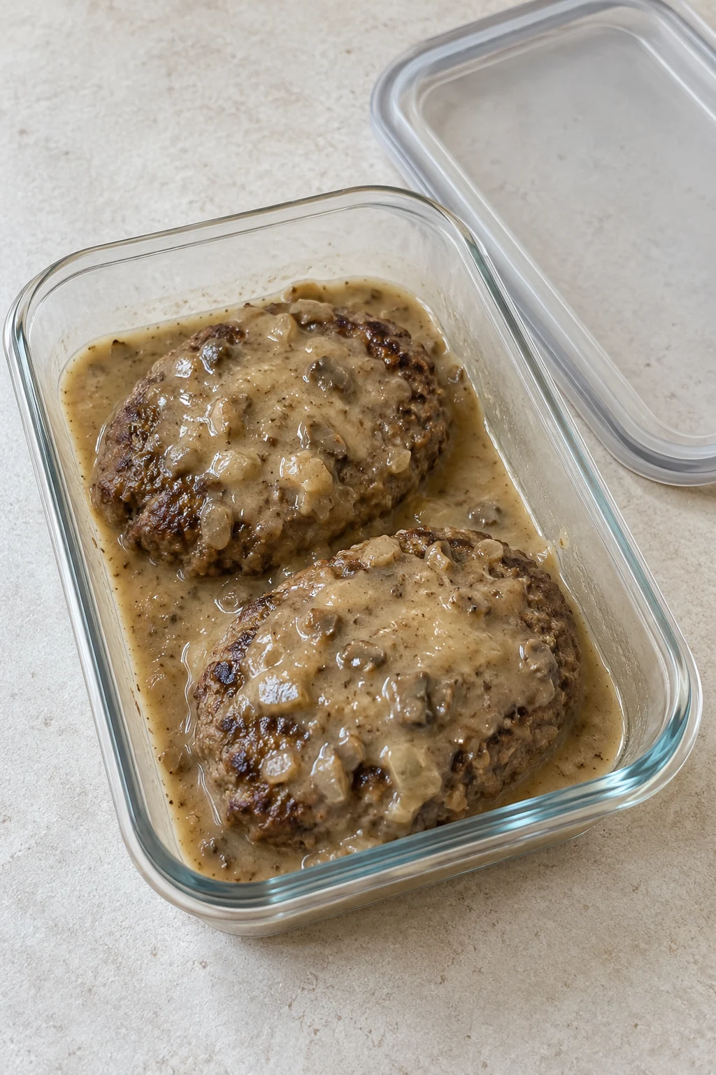 Two cooked hamburger patties stored with mushroom-onion gravy in a shallow container