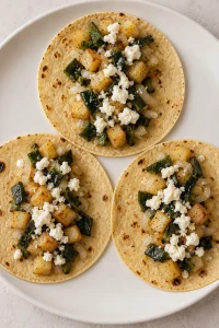 Warm corn tortillas filled with potato poblano mixture and queso fresco
