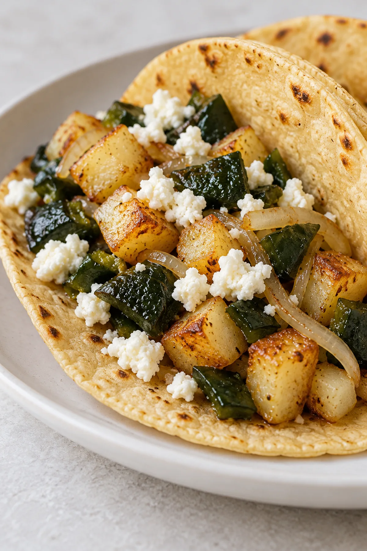 Close view of golden potato filling with roasted poblano and white queso fresco