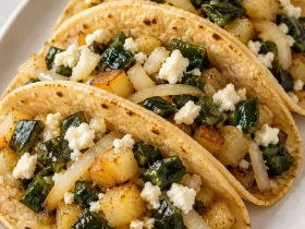 Potato tacos with roasted green chilies and queso fresco on a white plate