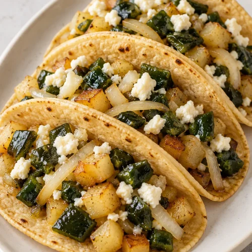 Potato tacos with roasted green chilies and queso fresco on a white plate