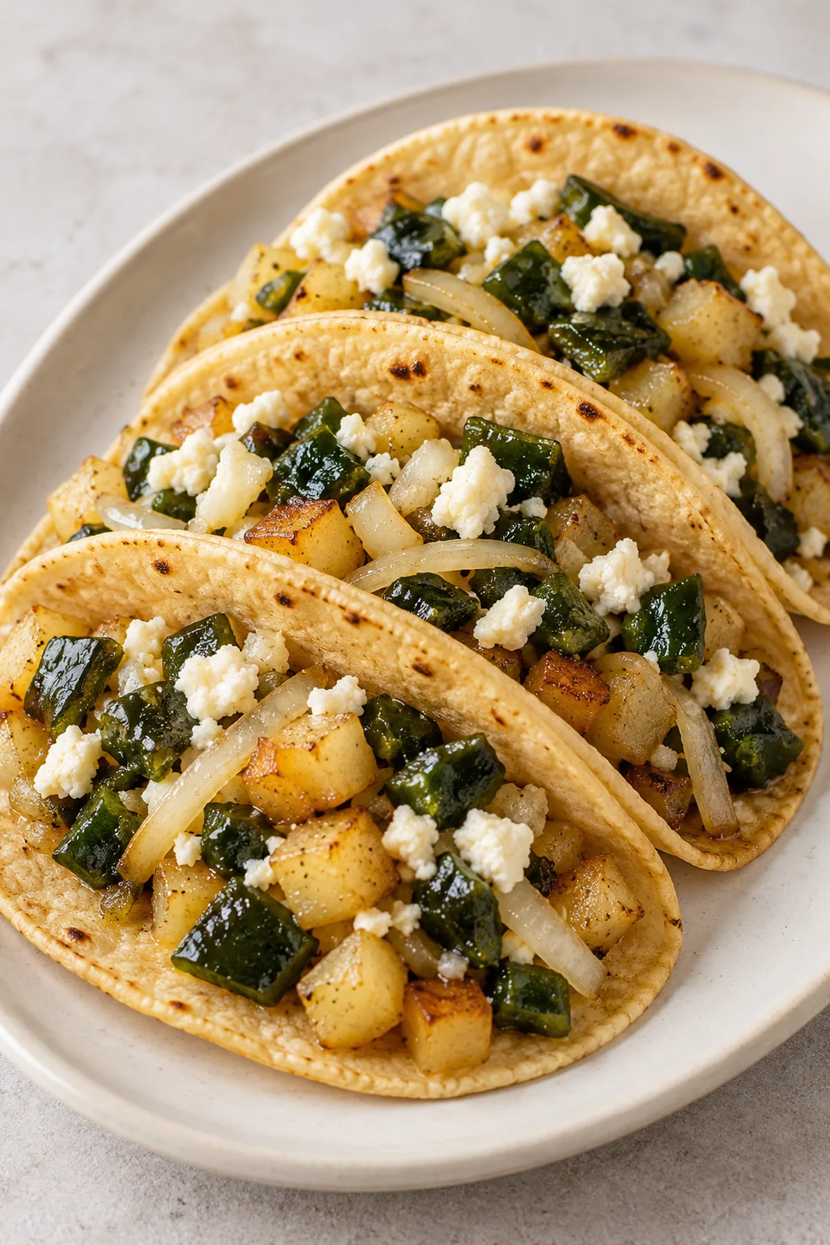 Potato tacos with roasted green chilies and queso fresco on a white plate